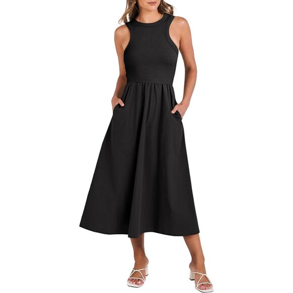 Women's Summer Casual Sleeveless Neck Tank Top Racerback Flowy Midi Dress - Picture 1 of 8